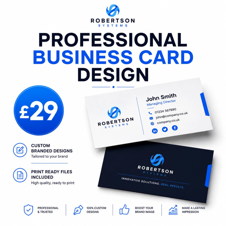 Advertisement for Robertson Systems business card design services with a sample business card displayed.