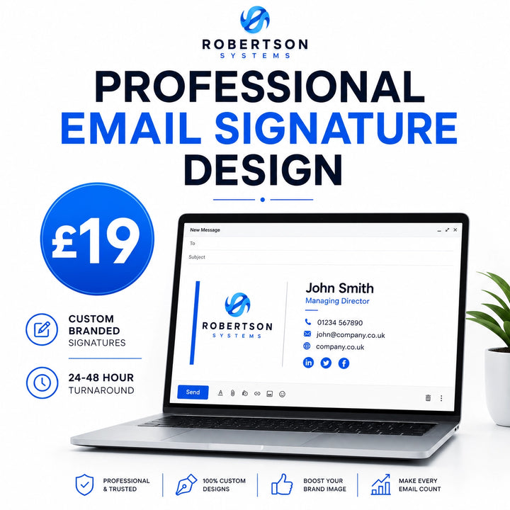 Professional email signature design service showing a branded business email signature with clickable contact details and company information.