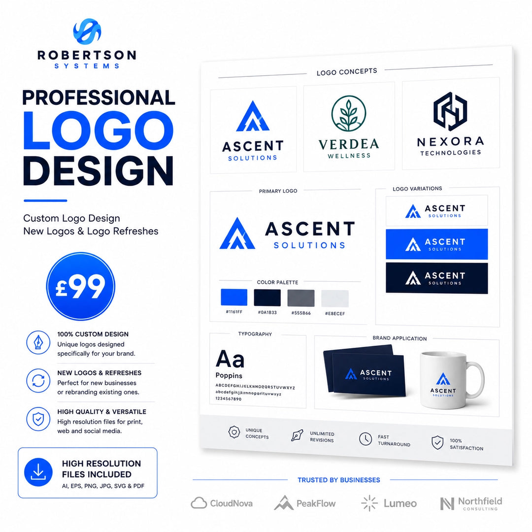 Promotional graphic for Robertson Systems logo design services with various logo concepts.