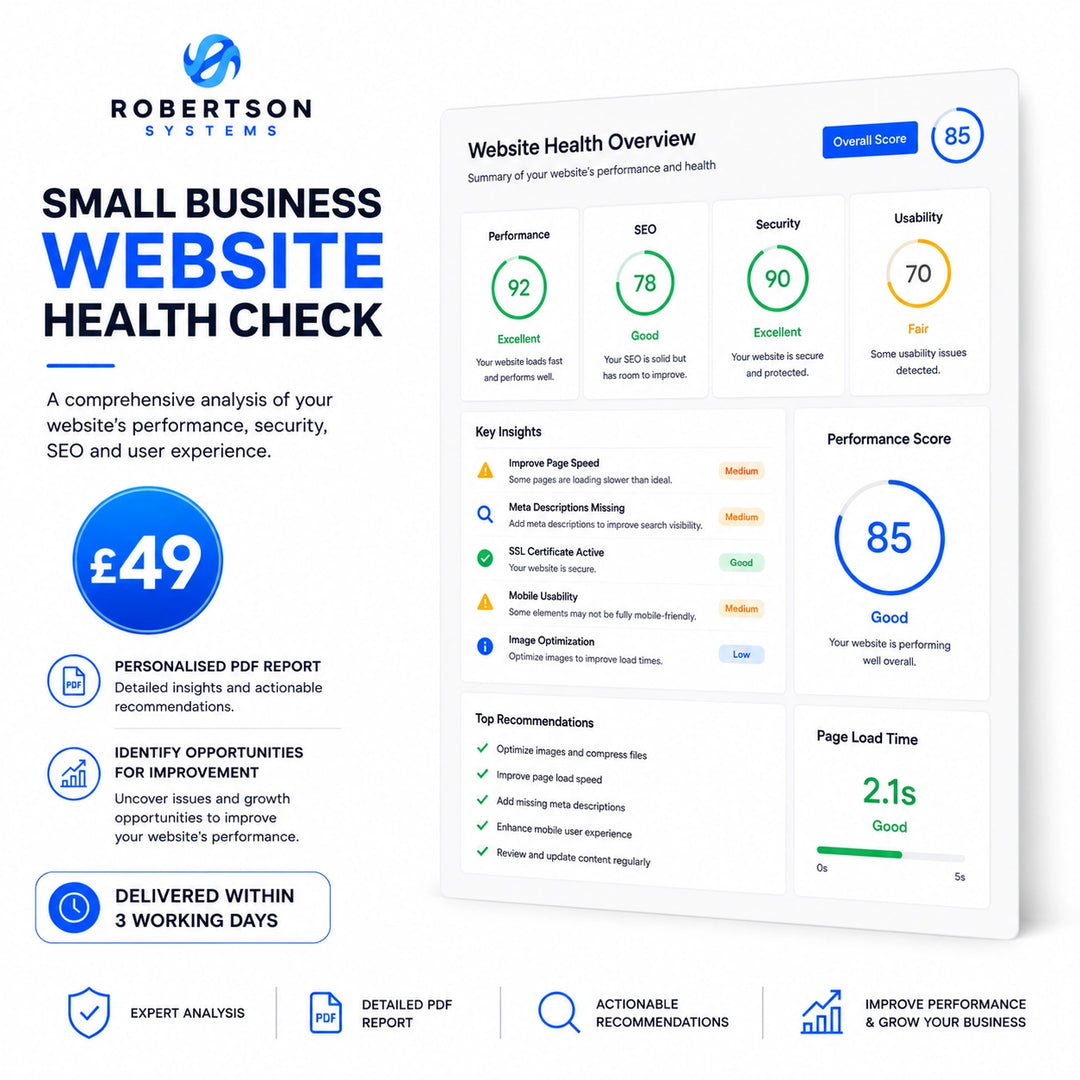 Robertson Systems Small Business Website Health Check service with performance metrics and recommendations.