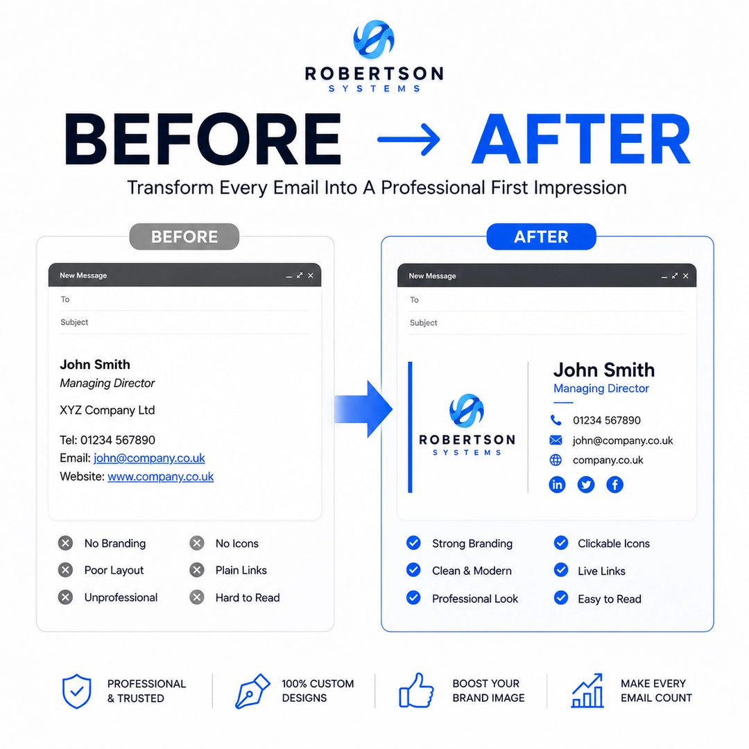 Before and after comparison of a professional email signature redesign showing improved branding, layout and contact information.