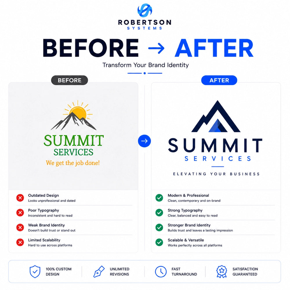 Comparison of 'Summit Services' logo design before and after a redesign by Robertson Systems.