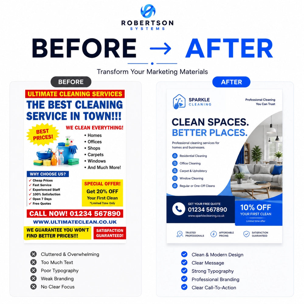 Before and after comparison of a cleaning service advertisement design.