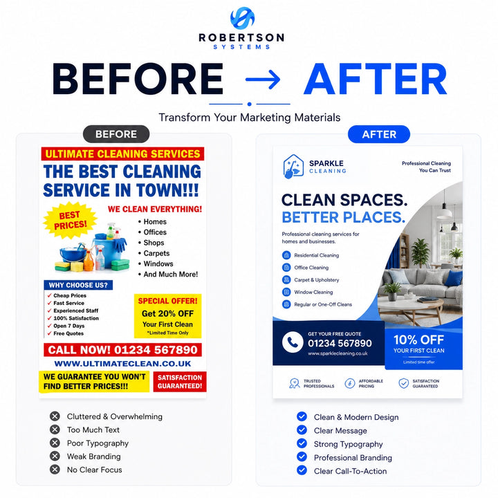 Before and after comparison of a cleaning service advertisement design.