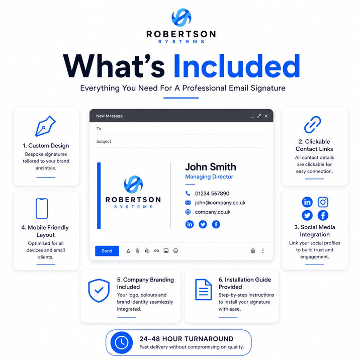Professional email signature design service features including custom branding, clickable links, social media integration and installation support.